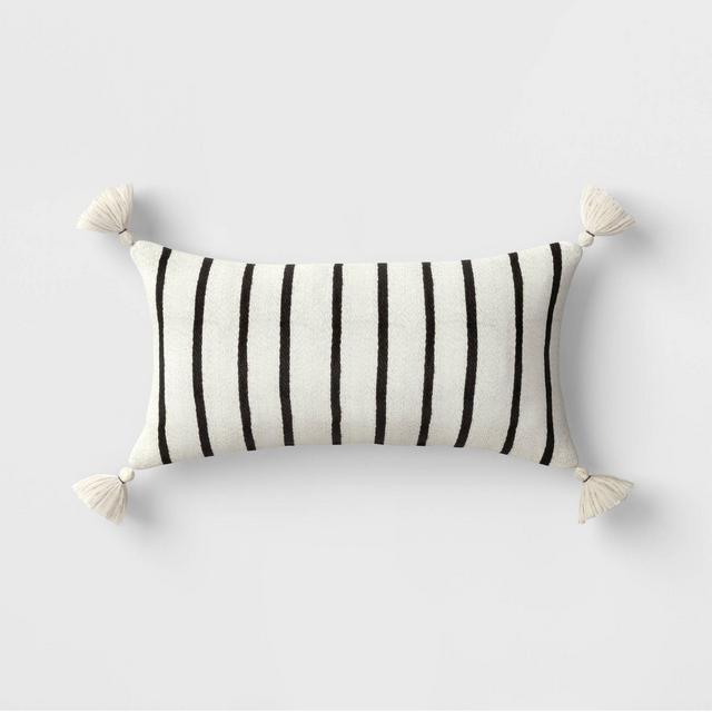 Woven Stripes Lumbar Outdoor Throw Pillow Black/Cream - Threshold™