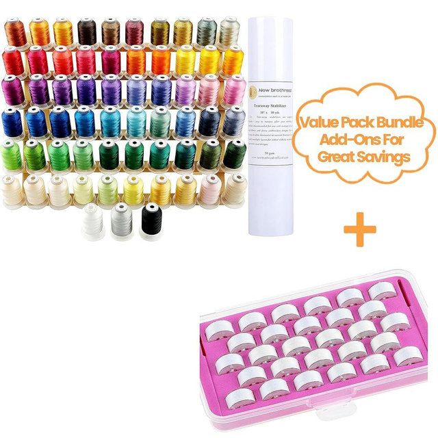 New brothread 63 Colors Embroidery Machine Thread with 10" x10yd Medium Weight Tearaway Embroidery Stabilizer+28pcs White 60S/2 (90WT) Prewound Bobbin Thread Plastic Size A SA156
