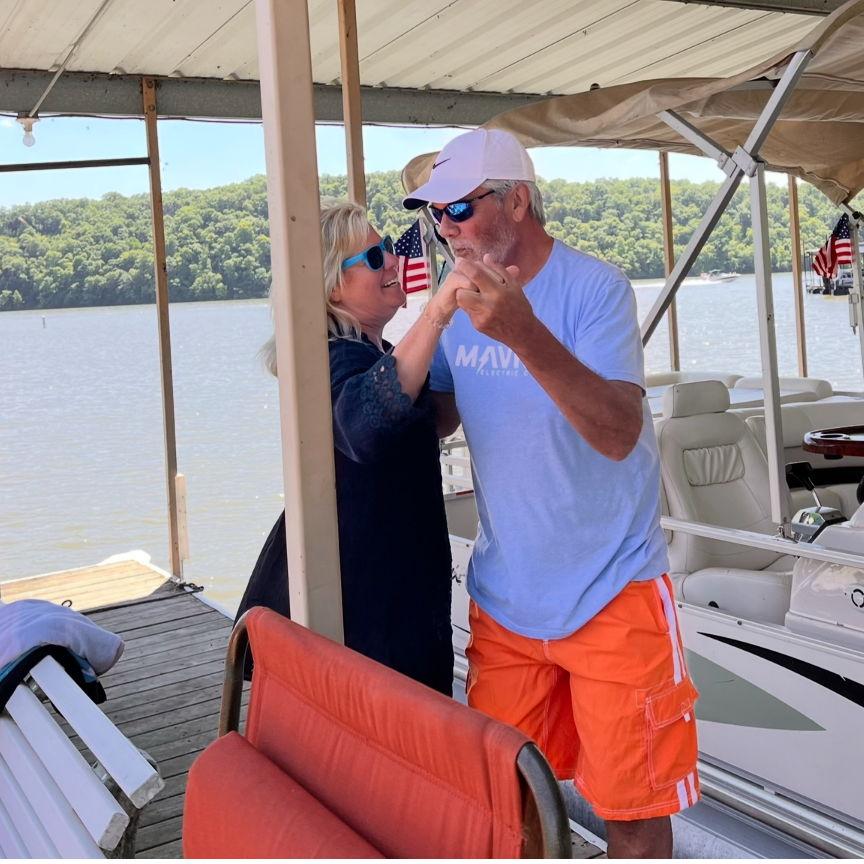 Favorite summer trip to visit dear friends Drouillards in the Ozarks..  Elmer loves to grab me for a dance just about anywhere..   Love that about him.. if only he had a better partner!