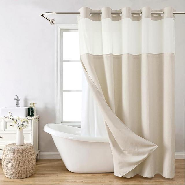 eachope No Hooks Needed Linen Textured Shower Curtain with Snap-in Fabric Liner Set,Hotel Luxury Decor Shower Curtains for Bathroom with See Through Top Window,Waterproof & Washable,71Wx74H,Cream