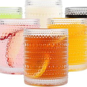 Vintage Glassware Drinking Glasses Set of 6,12 oz Hobnail Glass Cups,Embossed Clear Water Tumbler,for Beer,Cocktail,Whiskey,Juice and Various Mixed Drinks- 1 Cleaning Brush