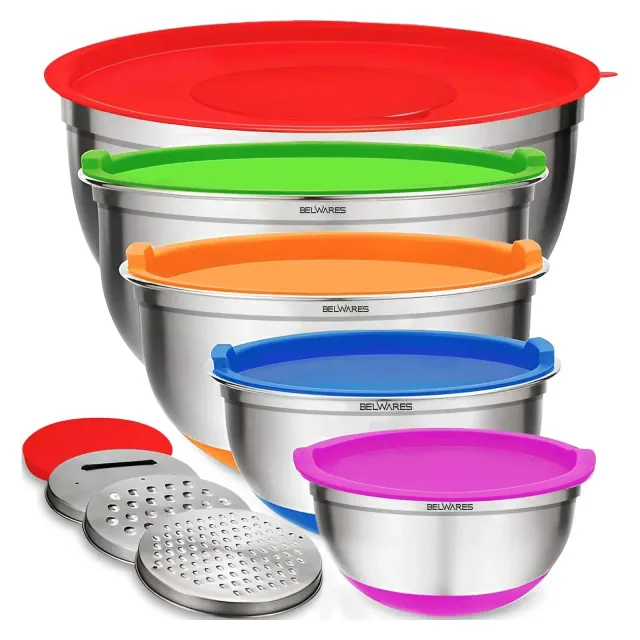 Mixing Bowls with Lids Set - Nesting Bowls with Airtight Lids + Graters - Stainless Steel Non-Slip Mixing Bowl for Baking,