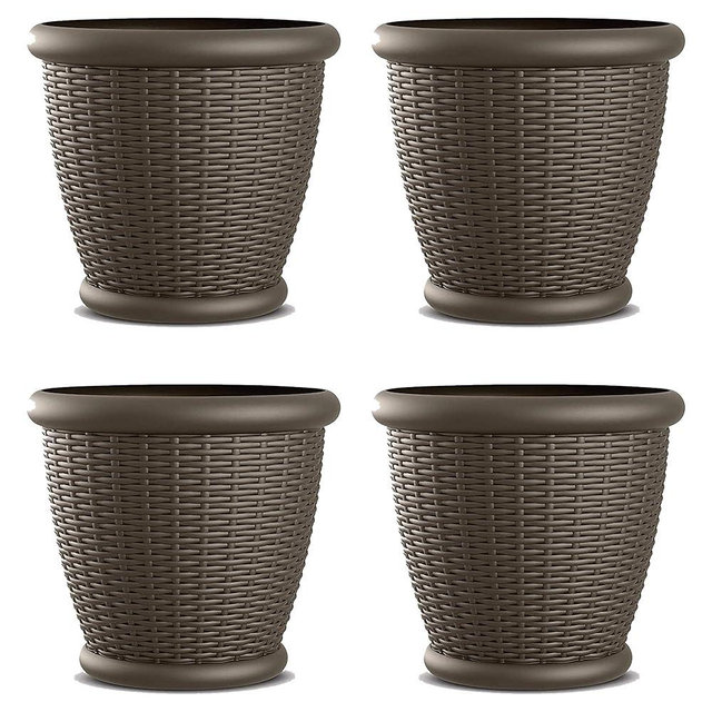 Suncast 4 Pack Wicker Planter w/ Drillable Drain Holes, Decorative Indoor/Outdoor Pot, 18in, Java