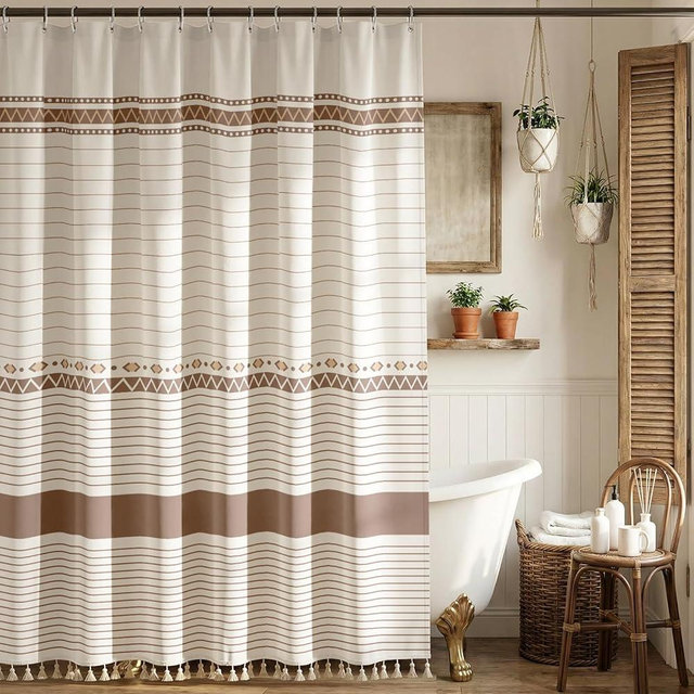 Blgiont Boho Farmhouse Shower Curtain with 12 Clear Rings, Rustic Fabric Faux Linen Shower Curtain Set with Tassels, Beige & Brown Striped Shower Curtain for Bathroom 72" W x 72" L