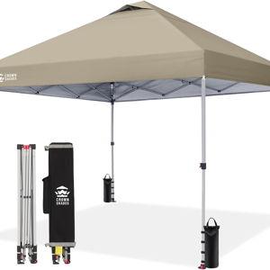 CROWN SHADES 10x10 Pop Up Canopy, Patented Center Lock One Push Tent Canopy, Newly Designed Storage Bag, 8 Stakes, 4 Ropes, Beige