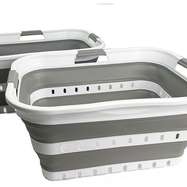 SAMMART 42L (11 gallons) Set of 2 Plastic Foldable Storage Basket/Container - Collapsible, Space Saving and Portable Laundry Hamper, Ideal for Home, Travel, Dorm, and Camping (2, White/Grey)