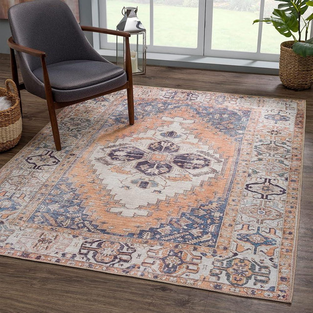 Bloom Rugs Washable 3' x 5' Rug - Orange/Blue/Beige Traditional Area Rug for Living Room, Bedroom, Dining Room, and Kitchen - Exact Size: 3' x 5'