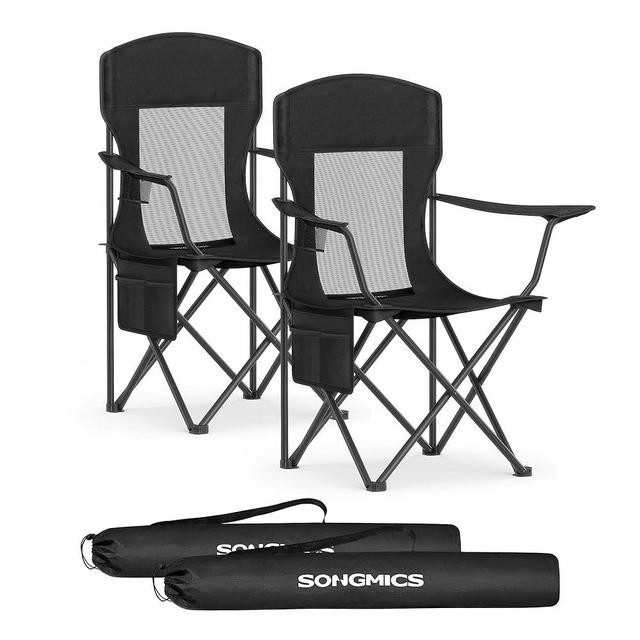SONGMICS Camping Chairs, Outdoor Chairs Set of 2, Foldable Sports Chairs, High Back, Adjustable Armrests, Drink Holder, Weight Capacity 330 lb, Garden Backyard, Ink Black UGCB028B02