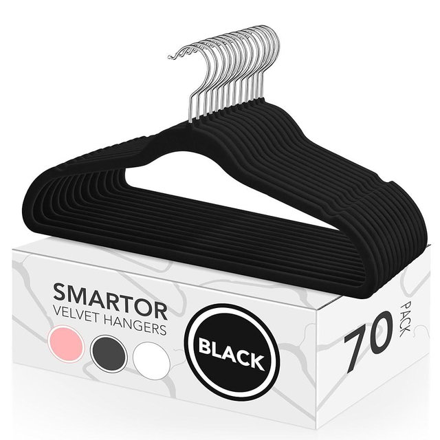 Smartor Velvet Hangers 70 Pack, Black Non Slip Clothes Felt Hanger Heavy Duty for Coat, Premium Slim Space Saving Hangers for Closet Organizer and Storage, 360° Rotating Silver Hook