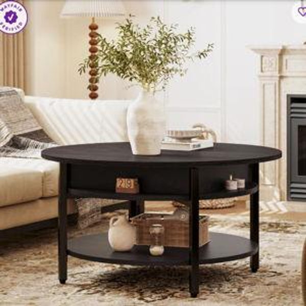Wynny Round Lift-Top Wood Coffee Table with Storage - Espresso Black, 18" H x 27" W x 27" D