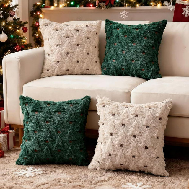 HDVUHKI Christmas Throw Pillow Covers 20x20 inch Set of 4, Beige and Green Xmas Tree Holiday Winter Living Room Soft Fluffy Plush Faux Fur Wool Decorations for Sofa Couch Bed
