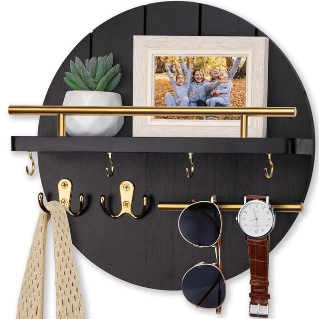 Nekon Wall Mount Key Holder, 11.8 Inch Rack With Shelf and 6 Hooks, Rustic Mail Organizer, Circular Wooden Hanger for Entryway Hallway Kitchen (Black&Gold)