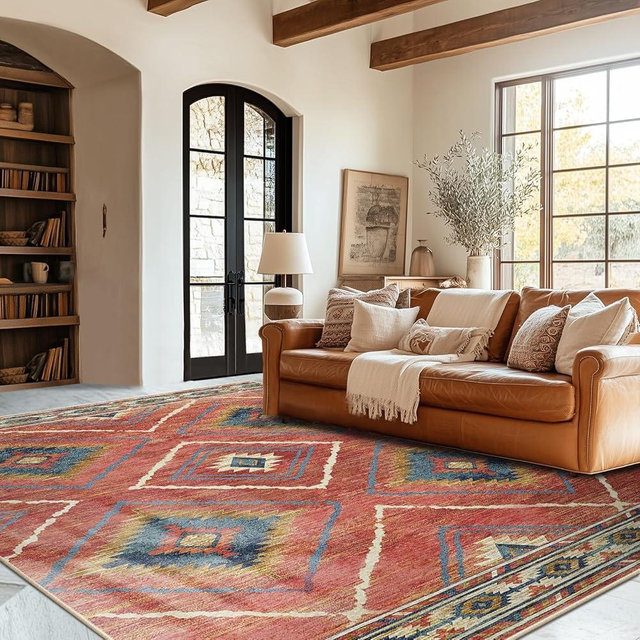 BESTSWEETIE 6x9 Area Rugs, Washable 6x9 Rug, Non Slip Floor Carpet, Low Pile Water Repellent, Ultra Soft Moroccan Rugs for Living Room Bedroom Indoor-Red/Orange