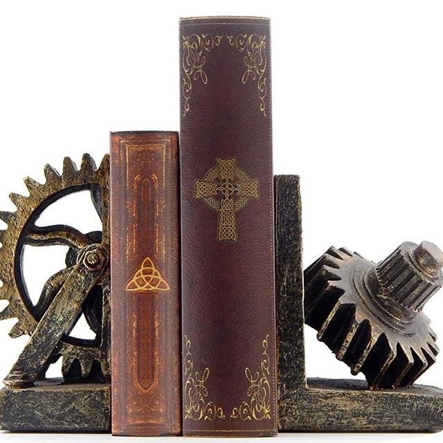 Decorative Bookend Gear Book Ends Industrial Rustic Vintage Unique Heavy Statues Bookshelves Support Home Decor Accents (Large)