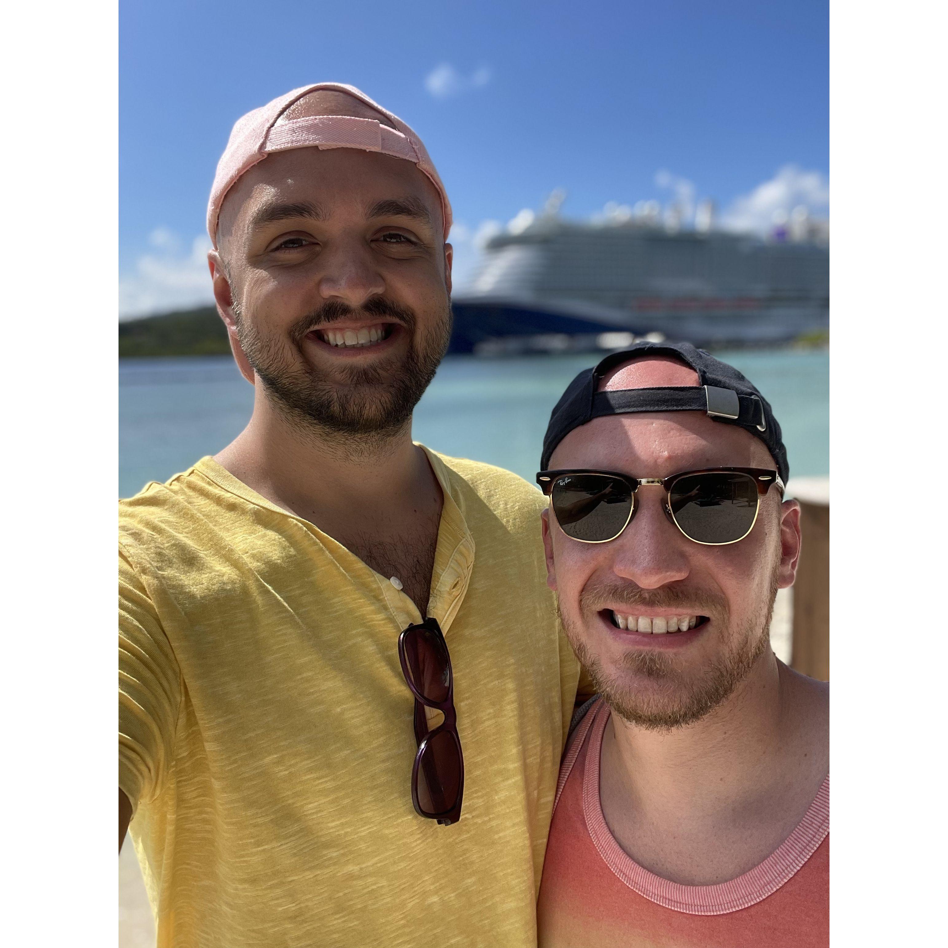 Us in front of the Mardi Gras in Mahogany Bay ~ Roatan, Honduras