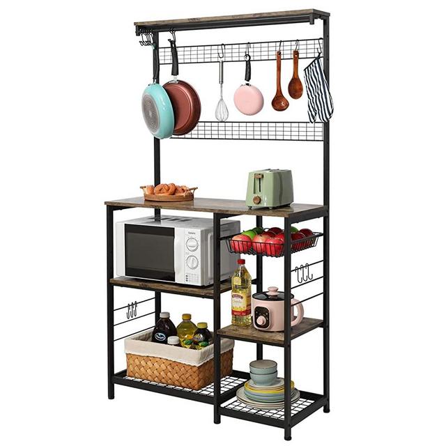 X-cosrack Kitchen Baker's Rack, 68inch Microwave Oven Stand with Pull-Out Wire Basket, 8 Hooks + 15 S Hooks,3 Tier + 4 Tier Utility Storage Shelf with Mesh Panels for Utensils, Pots, Pans, Spices