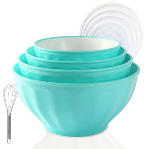 JCXivan Plastic Mixing Bowls,Cooking Bowls,Serving Bowls with Lids Set for Kitchen Mixing,Storage Food, 4 Bowls 4 Lid 1Egg Whisk,Fruit Containers,Refrigerator, Dishwasher, Microwave safe,Blue