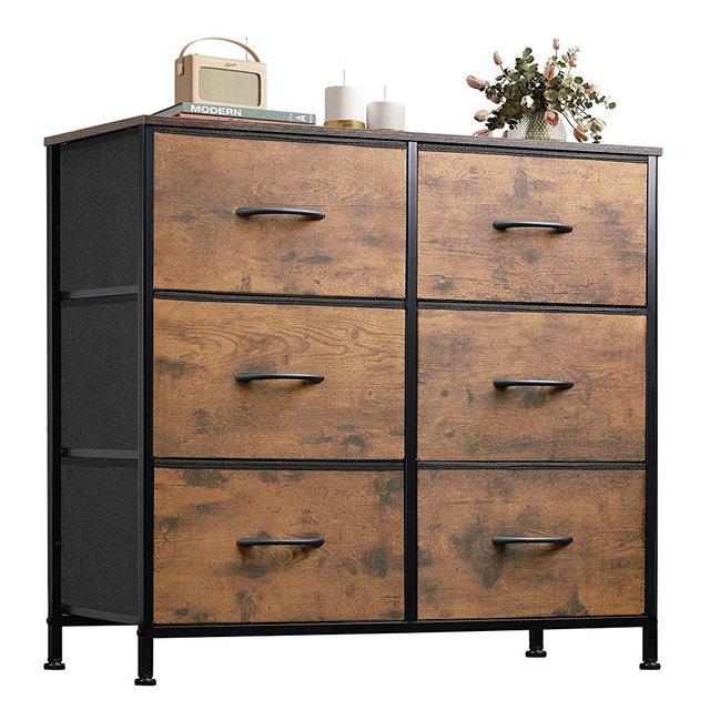 WLIVE Fabric Dresser for Bedroom, 6 Drawer Double Dresser, Storage Tower with Fabric Bins, Chest of Drawers for Closet, Living Room, Entryway, Rustic Brown Wood Grain Print