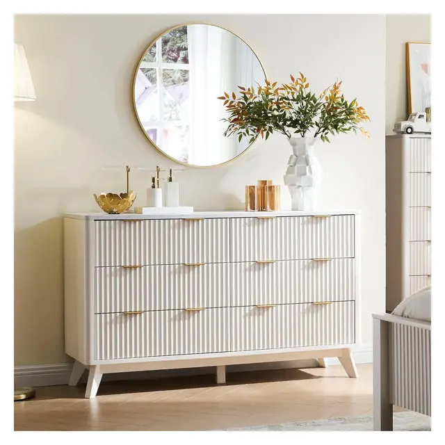 54" Wide Modern Dresser with 6 Drawers, Fluted Chest of Drawers with Faux Marble Top, Wood Drawer Organizer for Bedroom, Living Room, white