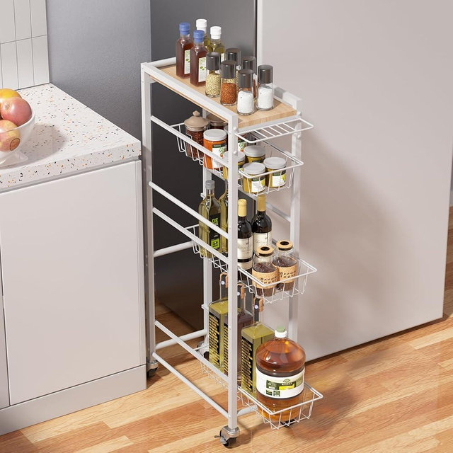 PAPAGIFTREE 4 Tier Slim Rolling Storage Cart with Pull-Out Baskets, Narrow Sliding Storage Slim Laundry Cart Slim Rolling Kitchen Cart