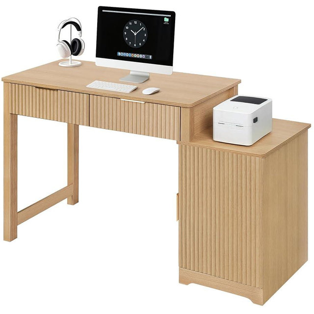 ZYBT 40" Fluted Executive Desk, Modern Wood Home Office Desk with Fluted Drawer & Removable Storage Cabinet and Printer Stand, Farmhouse Computer Writing Table for Work Study, Natural Oak