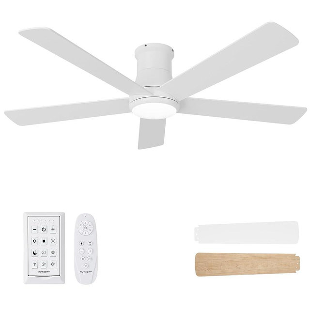 Autoday 52 Inch Low Profile Ceiling Fan with Light, White Ceiling Fans with Lights and Remote, Flush Mount, 6 Speeds Reversible Quiet DC, 3CCT Dimmable, Indoor Outdoor Ceiling Fans for Patios Bedroom