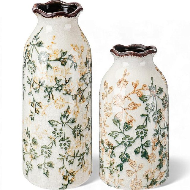 Ninehaoou 2 Pcs Green Vintage Vase Ceramic Rustic Crackle Floral Vase for Farmhouse Retro Home Bookshelf Living Room Table Centerpiece Decor (Middle and Small)