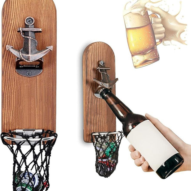 LUCYLANKER Beer Bottle Opener Wall Mounted with Magnetic Cap Catcher,Wooden Magnetic Bottle Opener for Fridge,Vintage Beer Gifts for Men, Man Cave Decor,Gifts for Men and Beer Lovers(Style 4)