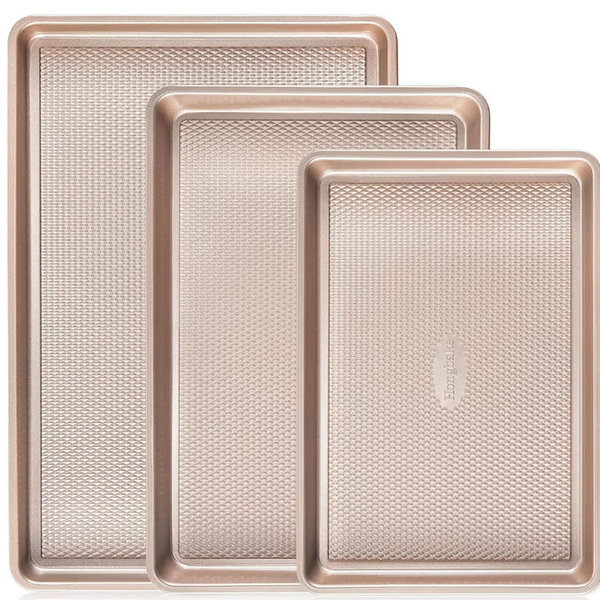 Baking Sheet Pan Set of 3, Cookie Sheets for Oven, Nonstick Half/Quarter/Jelly Roll Pans with Diamond Texture Pattern, 0.8mm Thick Heavy Duty Cookie Tray, Champagne Gold