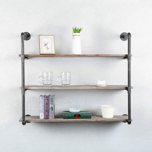 Industrial Pipe Shelving Wall Mounted,42in Rustic Metal Floating Shelves,Steampunk Real Wood Book Shelves,Wall Shelf Unit Bookshelf Hanging Wall Shelves,Farmhouse Kitchen Bar Shelving(3 Tier)