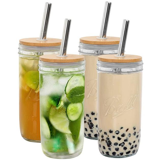 Mason Jar with Lid and Straw, 24oz Wide Mouth Mason Jar Drinking Glasses Tumbler, Reusable Boba Cups Silicone Sleeve Bamboo Lid Travel Bottle for Iced Coffee Large Pearl Juices Cocktail, 4 Packs