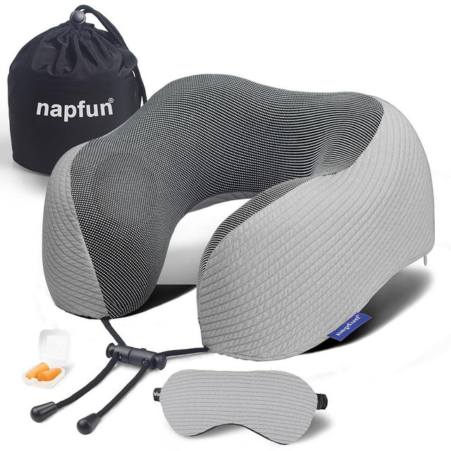 napfun Neck Pillow for Traveling, Upgraded Travel Neck Pillow for Airplane 100% Pure Memory Foam Travel Pillow for Flight Headrest Sleep, Portable Plane Accessories, Striped Light Grey