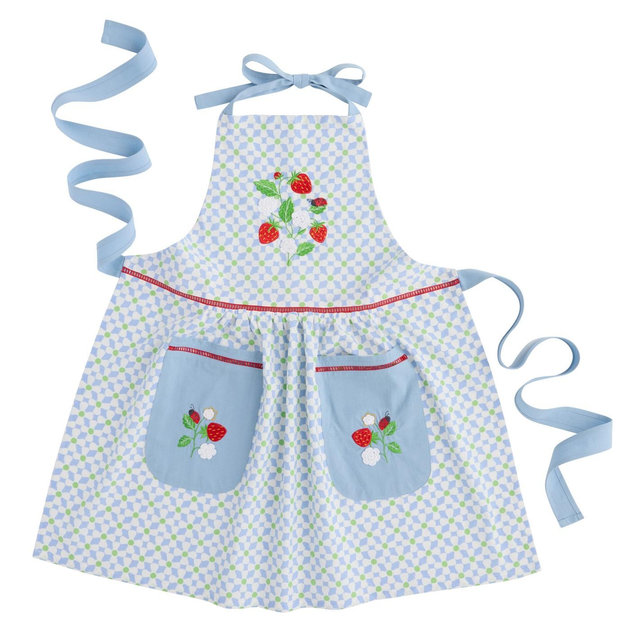 Blue and White Tile Print Embroidered Strawberry Apron