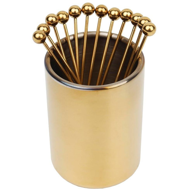 Lexenic 4.3" Gold Metal Cocktail Picks 12Pack+Holder Kit,Premium 304 Stainless Steel Reusable Appetizer Skewers Set for Sandwiches, BBQ Snacks, Cocktails. (4.3 inch)