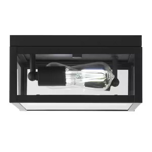 Hampton Bay Hurley 10 in. 2-Light Modern Matte Black Outdoor Ceiling Light Flush Mount Light with Clear Glass Shade 44828