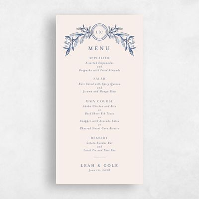 Linen, Blue Wedding Menu - Heliconia