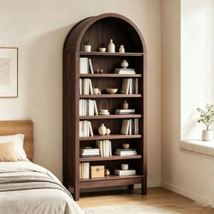 71" Tall Arched Bookcase with Adjustable Shelves, Narrow Wooden Bookshelf, 7 Tier Freestanding Storage Display Shelf for Living Room, Bedroom, Entryway - Brown