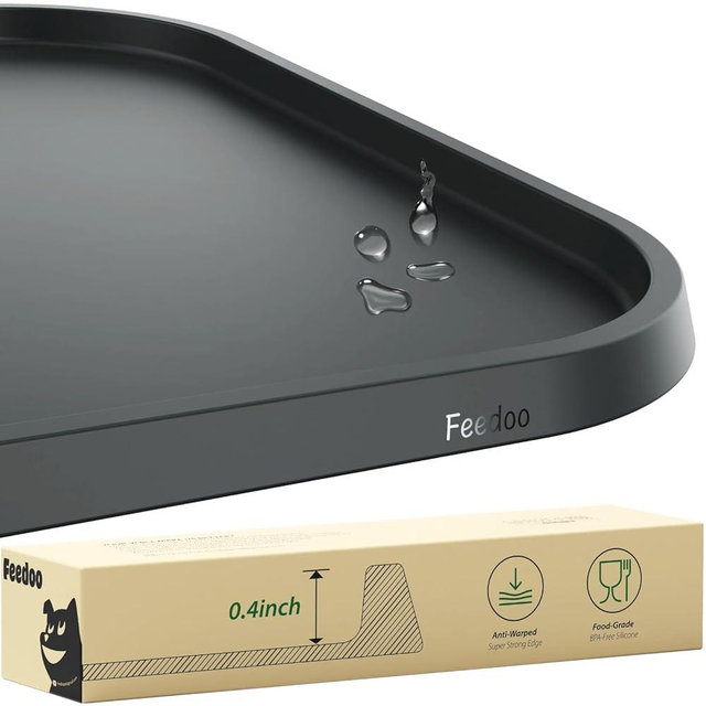Feedoo Pet Feeding Mat [Warped Resistant Raised Edge], Water-Proof Silicone Placement for Food Water Bowls, Anti-Slip Base Protect Floor, BPA-Free&Dishwasher-Safe [23.5x13.5inch Large, Gray]