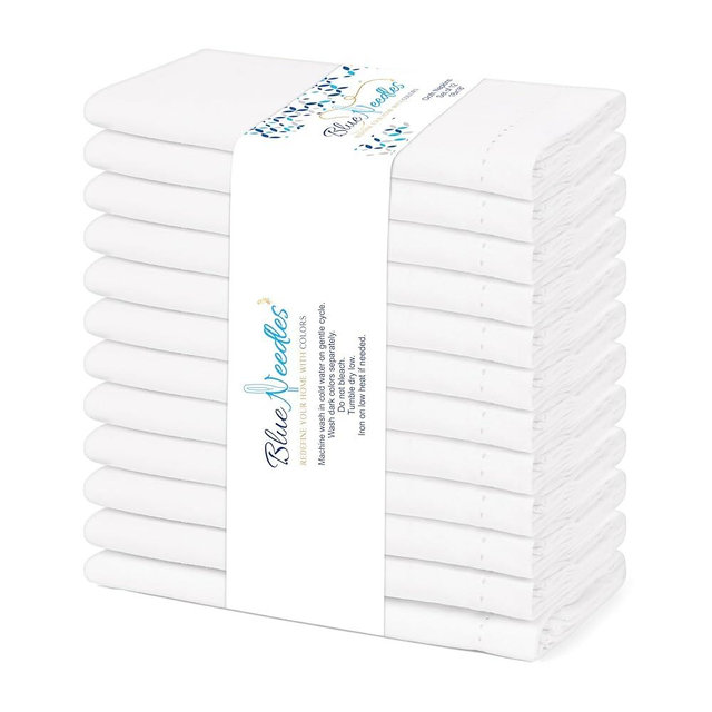 Blue Needles White Hemstitch Linen Napkins Set of 12-100% Cotton Cloth Dinner Napkins 18x18 inches - Soft, Reusable and Washable, Ideal for Spring Summer Events, Parties & Everyday Use