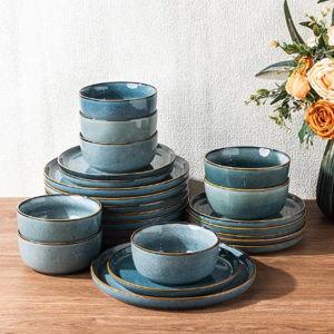 GBHOME Ceramic Dinnerware Sets for 8, 24 Pieces Stoneware Plates and Bowls Sets, Scratch Resistant Dishes, Dishwasher & Microwave Safe, Reactive Glaze-Space Blue