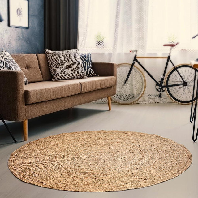 Hausattire Hand Woven Jute Braided Rug, 5’ Round – Natural, Reversible Boho Entry Area Rugs for Kitchen, Living Room I Farmhouse Decorative Floor Rug, 5 Feet Round