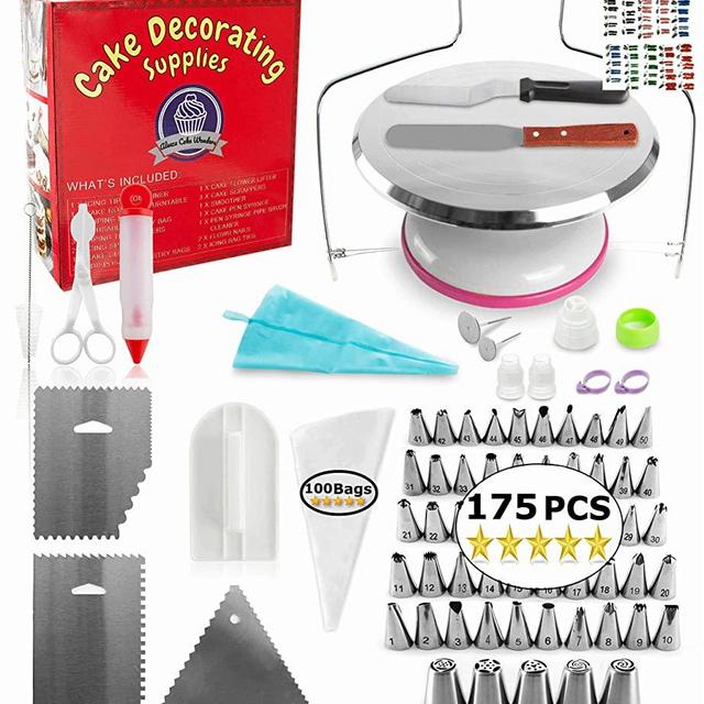 Aleeza Cake Wonders Frosted PRO Cake Decorating Kit - 175 pcs Cake Decorating Supplies with Metal Cake Turntable Stand, Frosting Bags and Tips (50 Piping Tips Set), Icing Cake Leveler, Cake Scraper