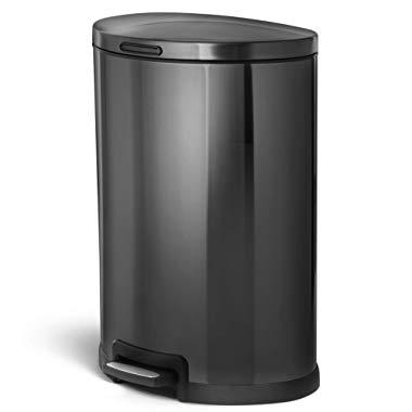 Home Zone Living VA41835A 45 Liter / 12 Gallon Stainless Steel Trash Can, Semi-Round, Pedal (Black)