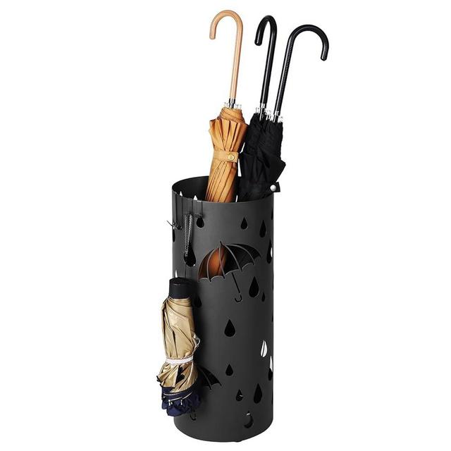SONGMICS Umbrella Stand, Metal Umbrella Holder for Entryway, with Water Tray and 4 Hooks, 6.7 x 6.7 x 16.1 Inches, Round, Black ULUC024B01