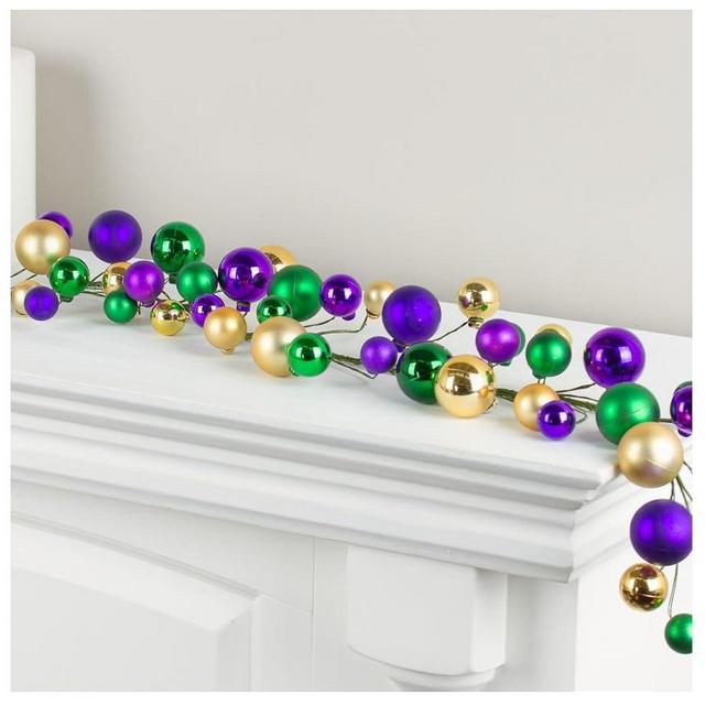 Mardi Gras Decoration: Shiny Purple, Green, and Gold Ball Ornament Garland - Festive Decor for Fat Tuesday and Carnival Parties (58 Inches Long)