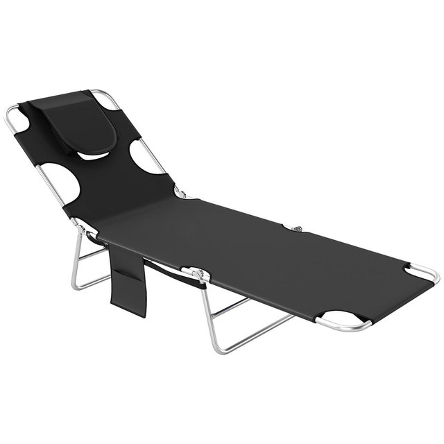Outsunny Folding Beach Lounge Chair with Face Hole and Arm Slots, 5-level Adjustable Sun Lounger Tanning Chair with Pillow, Black