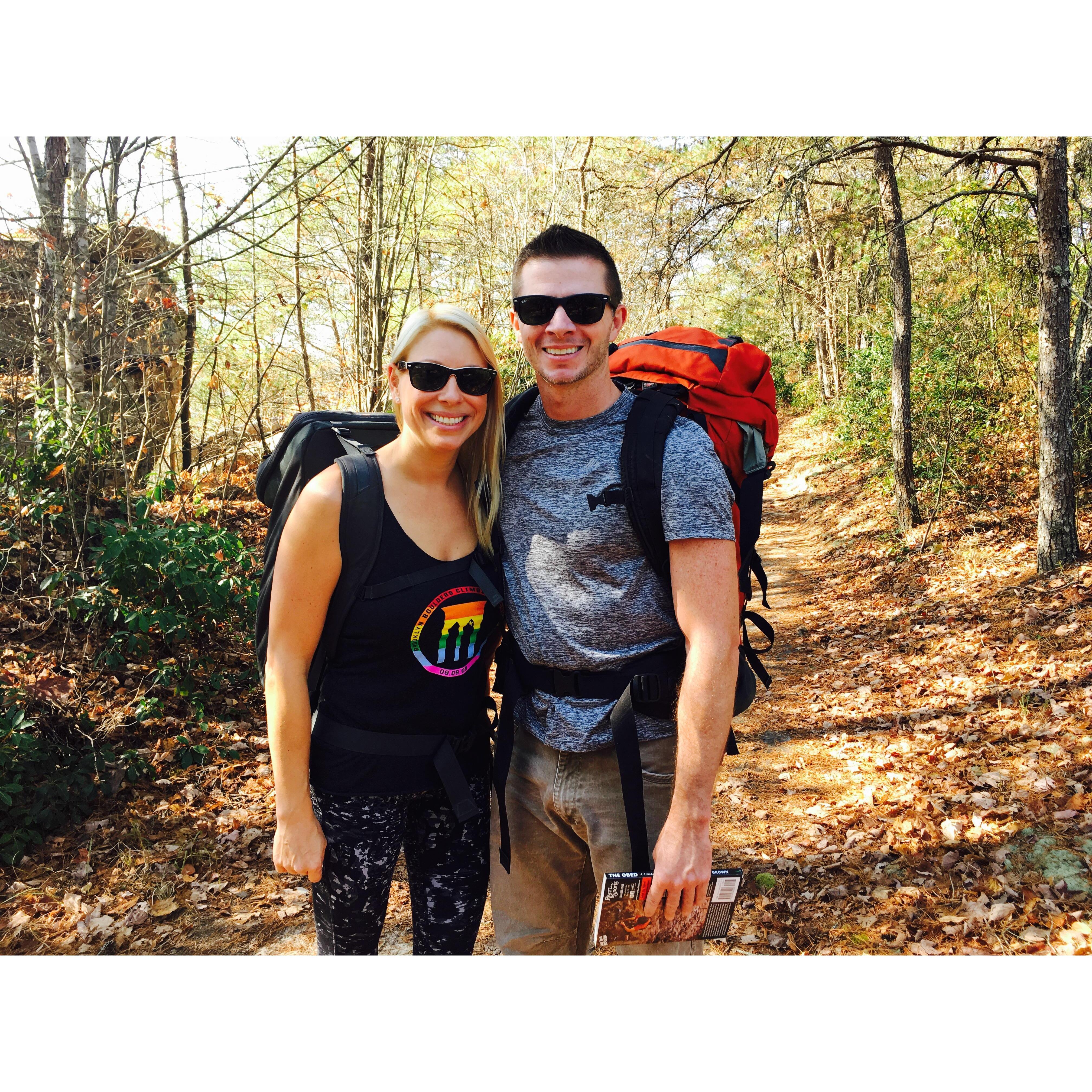 Hiking to a favorite climbing crag in Obed