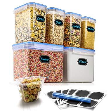 Airtight Food Storage Containers - Wildone Cereal & Dry Food Storage Container Set of 6, Leak-proof & BPA Free, With 1 Measuring Cup & 20 Chalkboard Labels & 1 Chalk Marker