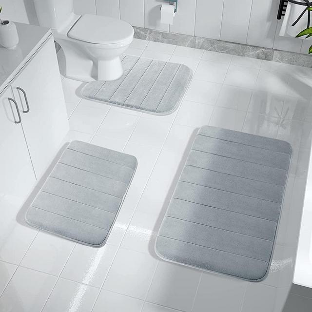 Yimobra 3 Pieces Memory Foam Bath Mat Sets, 31.5 x 19.8 + 17x24 and U-Shaped for Bathroom Rugs, Toilet Mats, Non-Slip, Soft Comfortable, Water Absorption, Machine Washable, Silver