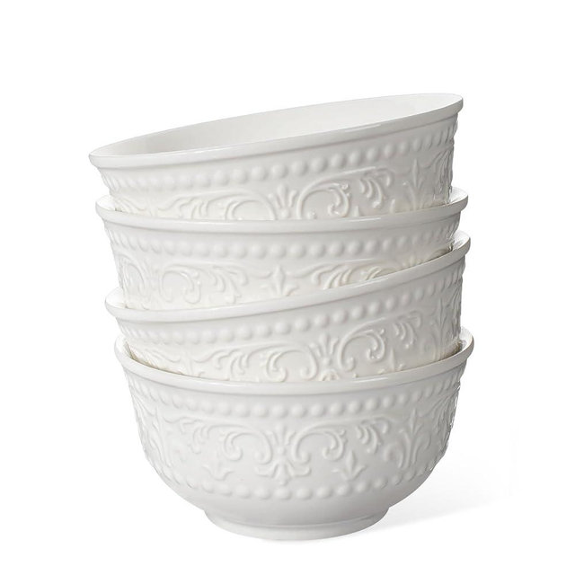 Wareland Small Ceramic Bowls - 14 Oz Ice Cream Bowls Set of 4, Embossment Dessert Bowls for Kitchen, 4.75 Inch White Bowls for Soup, Side Dishes, Oatmeal, Rice, Microwave Oven Safe(Brocade Flower)